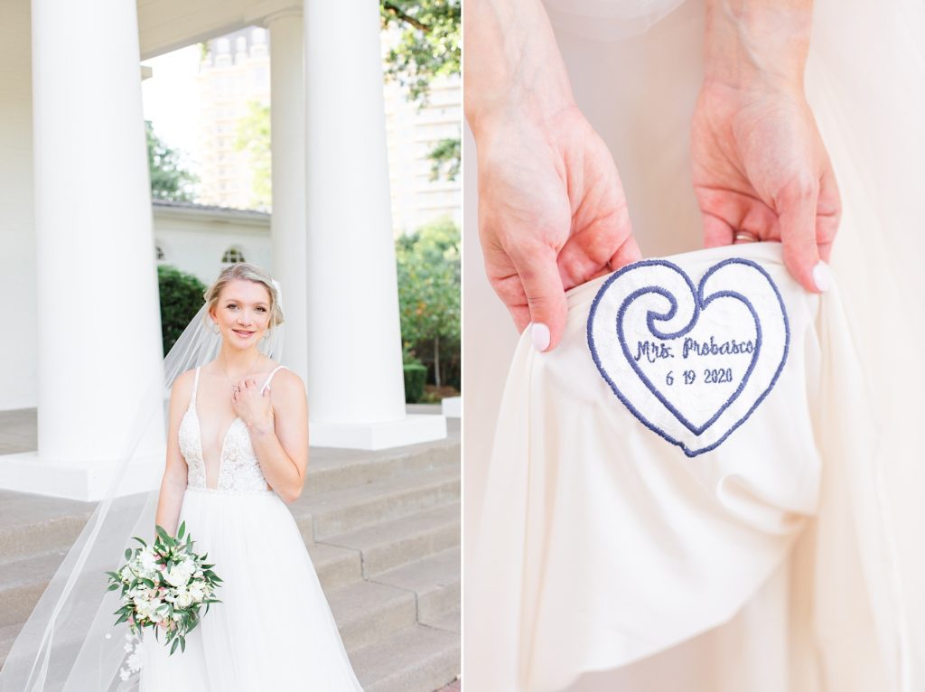 Courtney Bosworth Photography photographs bride in wedding dress with blue heart sewn in lining