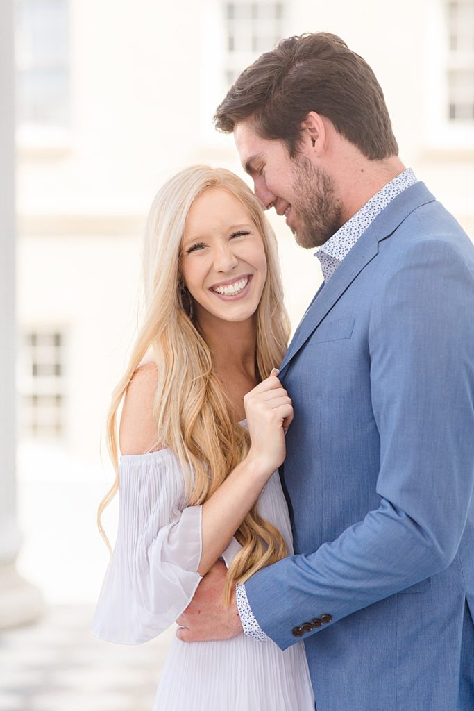 bride to be smiles at camera during SC engagement session
