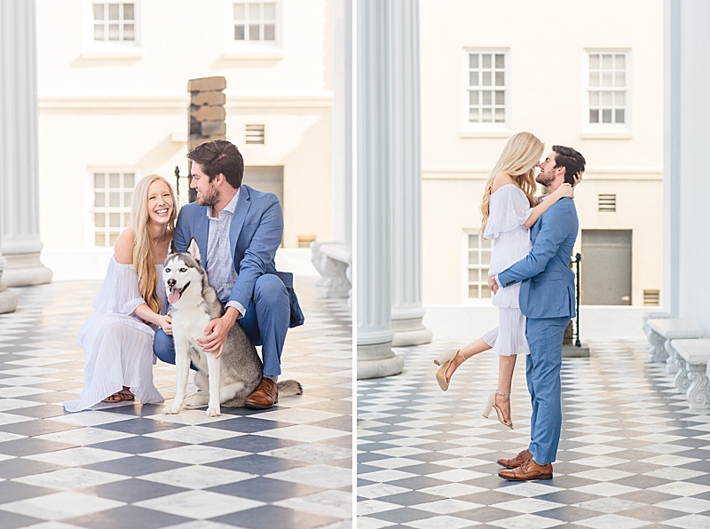 young couple poses with dog in Charleston