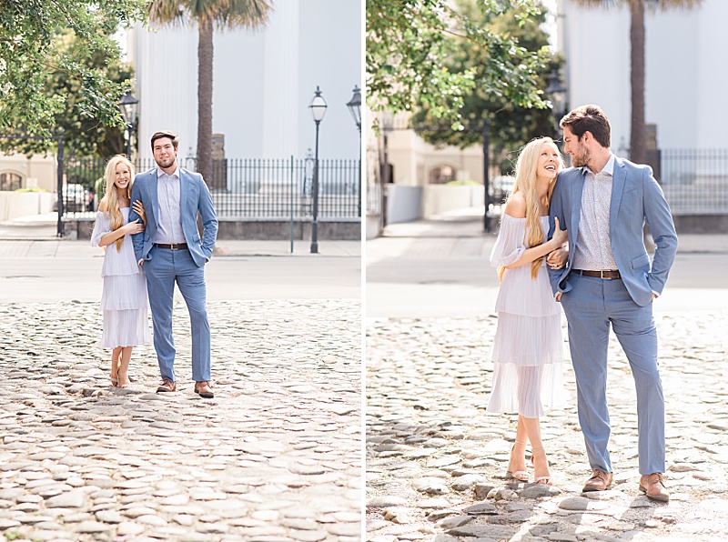 bride and groom walk on cobblestone in Charleston