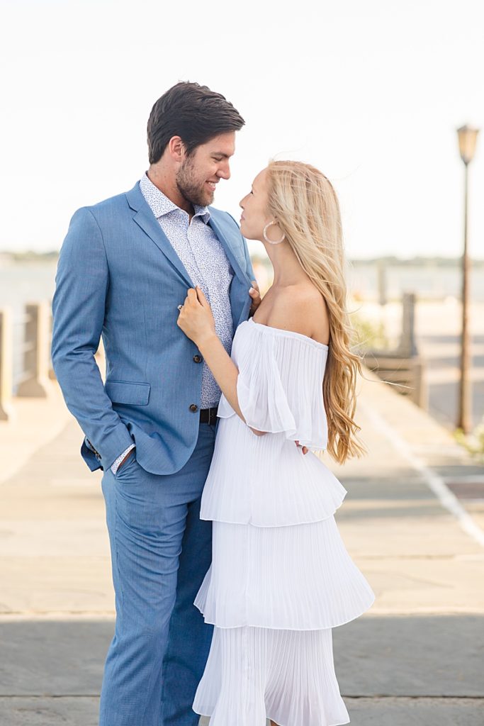 engagement photos in Charleston SC with bride in purple dress
