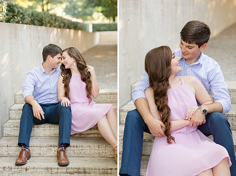 couple sits on steps at Dallas museum photographed by Courtney Bosworth Photography