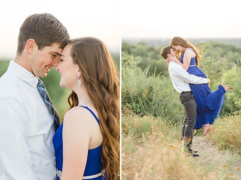 engagement session at sunset with Dallas skyline photographed by Courtney Bosworth Photography
