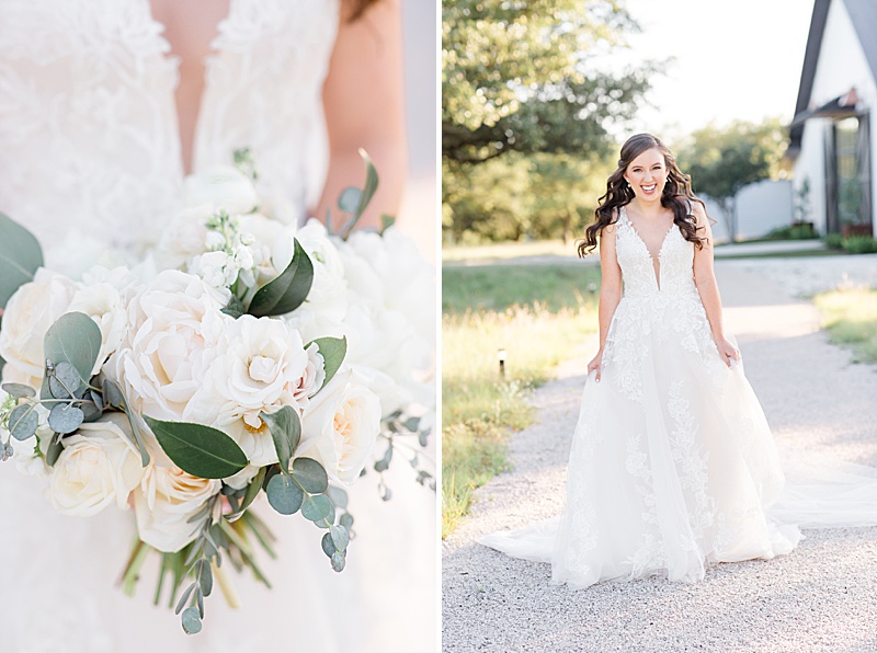 bride with all white bouquet smiles during Texas bridal portraits