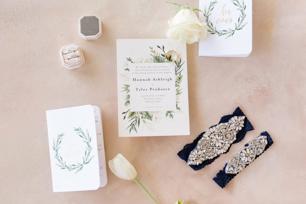 summer wedding invitation and bride's details photographed by Courtney Bosworth Photography