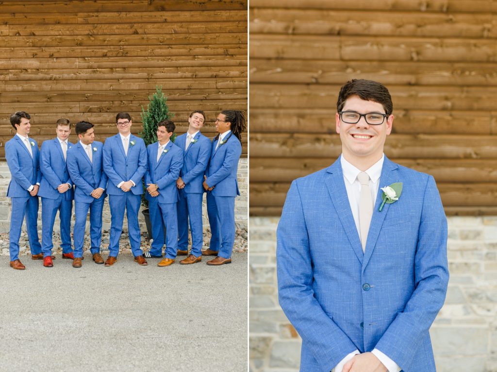 groom and groomsmen portraits outside Texas wedding venue