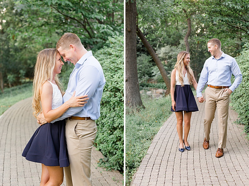 engaged couple walks through gardens at Arlington Hall at Lee Park
