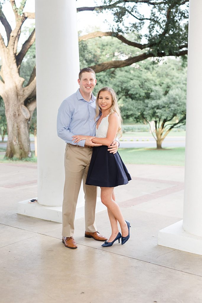 engagement portraits on patio of Arlington Hall at Lee Park
