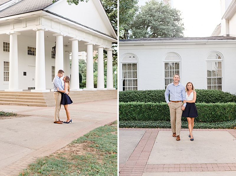 Dallas TX couple walks along grounds at Arlington Hall at Lee Park