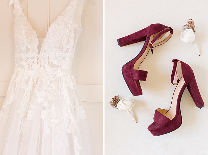 bride's wedding dress and red shoes before Austin Texas wedding