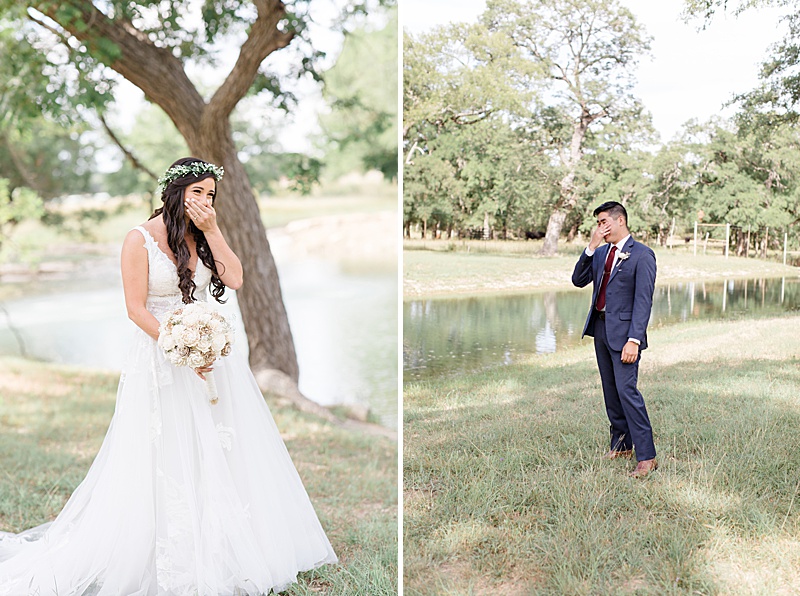 bride and groom react to seeing each other for the first time before Austin Texas wedding