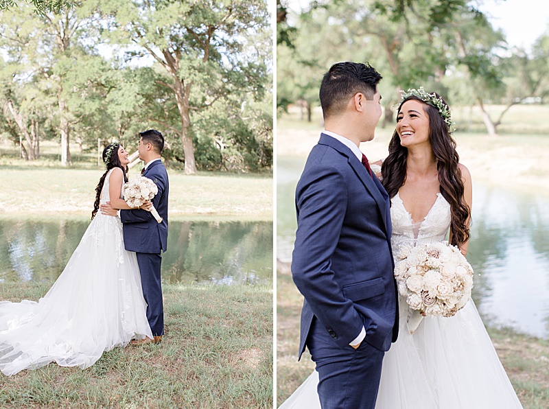 bride and groom smile and laugh during first look on Austin TX ranch