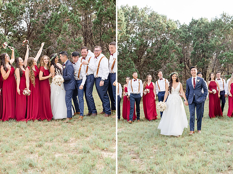 Texas wedding party in red and blue cheer during portraits