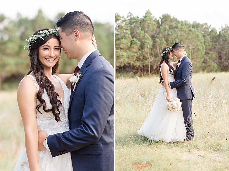 Texas newlyweds hug in field at private ranch in Austin TX