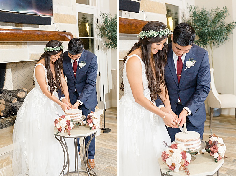 bride and groom cut cake during Austin Texas wedding reception