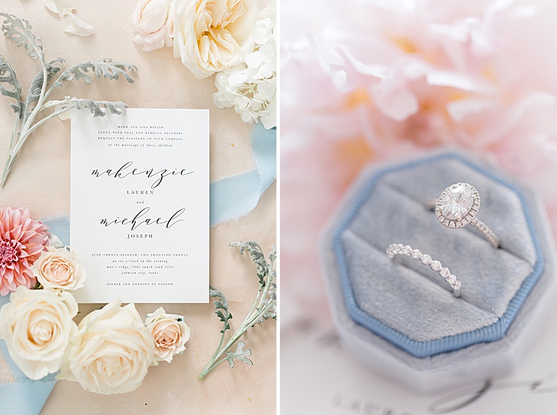 bride's rings and invitation for Mae's Ridge wedding