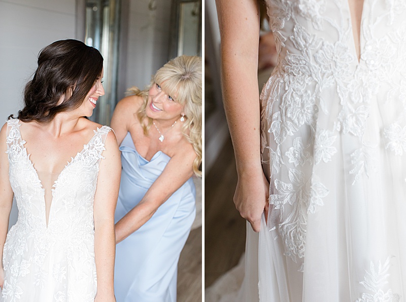 mother of the bride helps with wedding dress