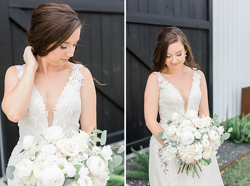 bride holds bouquet and looks down at flowers