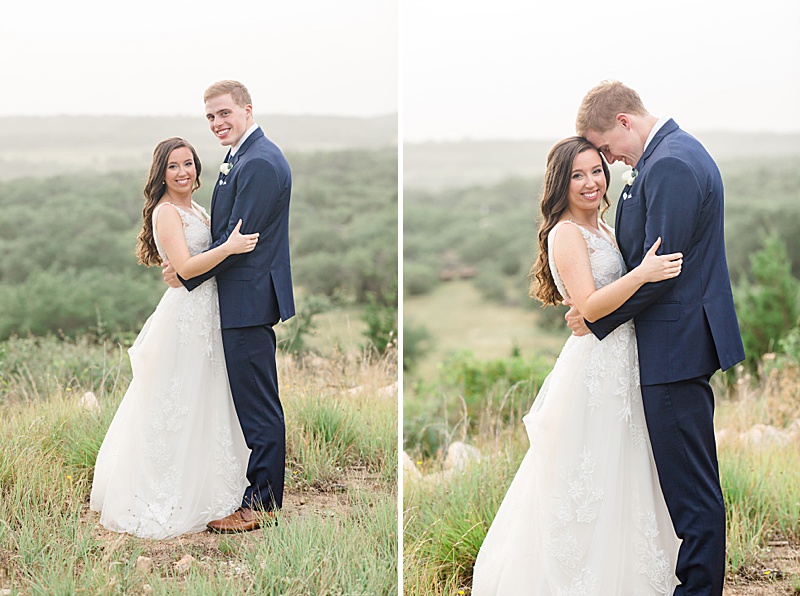 bride and groom pose on hill in Texas