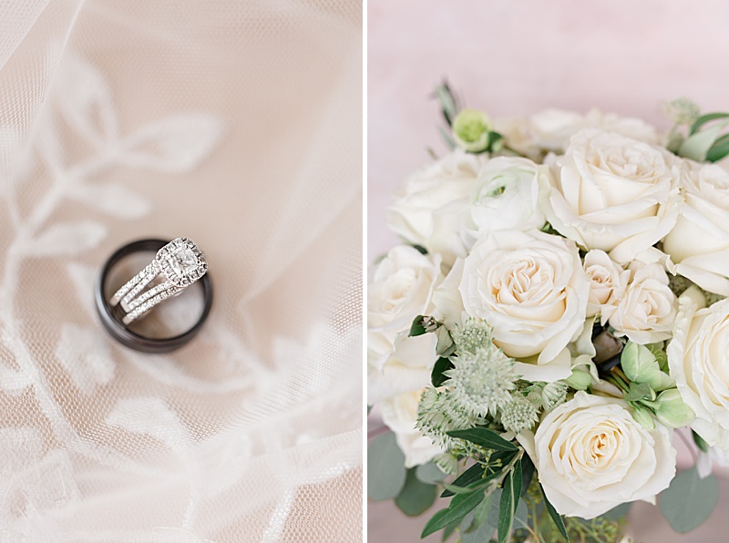 wedding rings and ivory floral bouquet