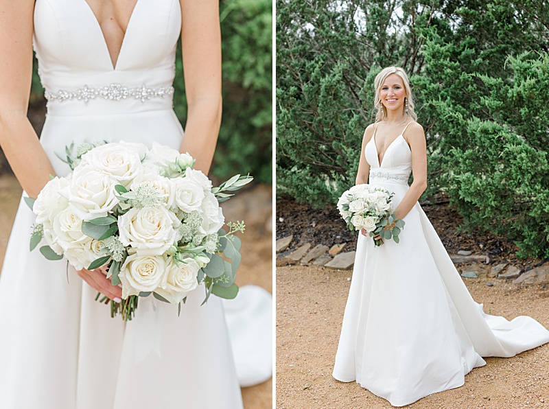 bridal portrait in modern gown with ivory roses