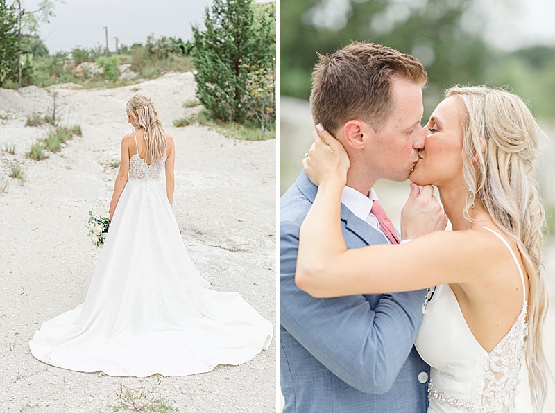 bride and groom kiss during summer wedding portraits