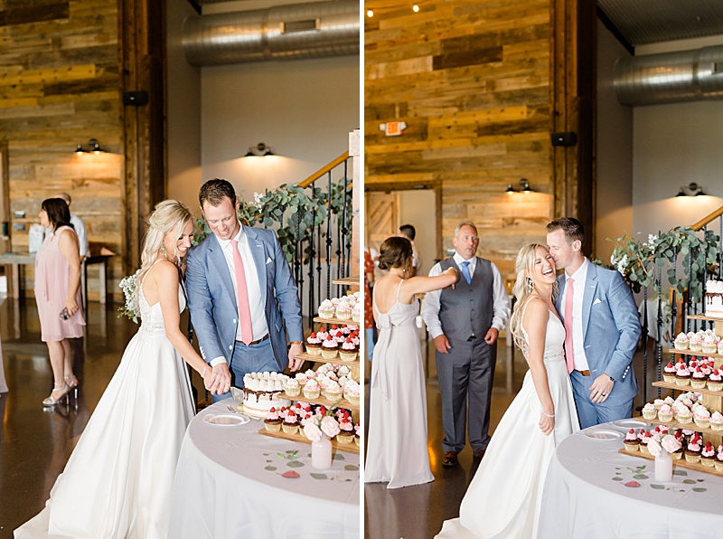 bride and groom cut cake during wedding reception at Stone Crest Venue