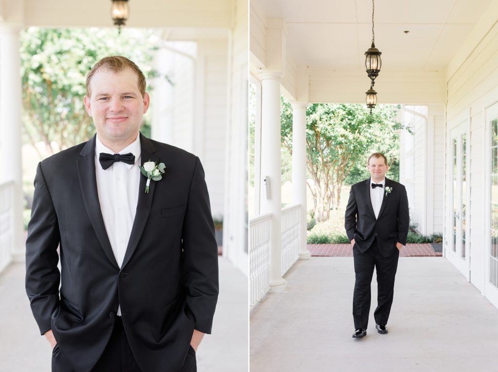 groom walks along patio in Texas