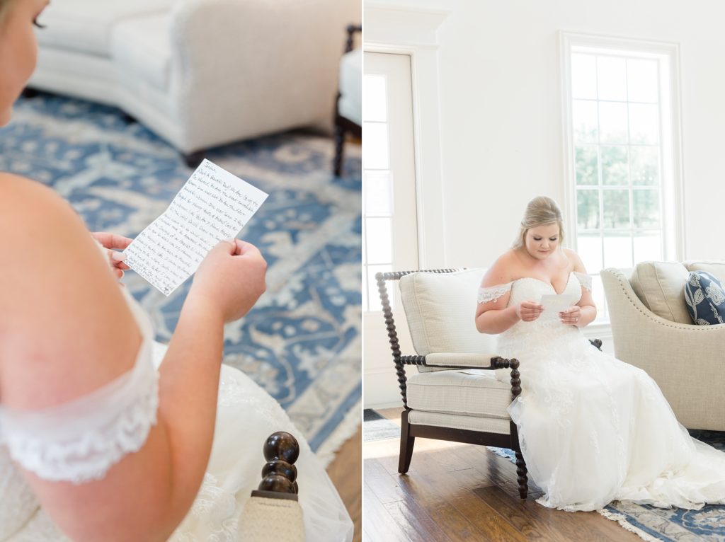bride reads letter from groom on wedding day