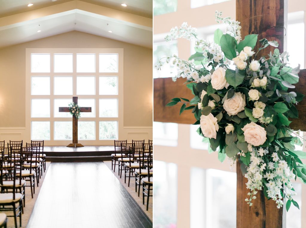 wedding altar with cross and florals