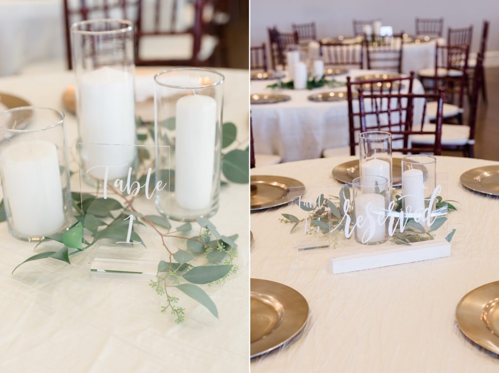 gold, white, and green wedding reception details
