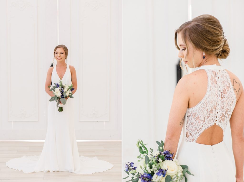 bride with lace back wedding dress poses at Nest at Ruth Farms