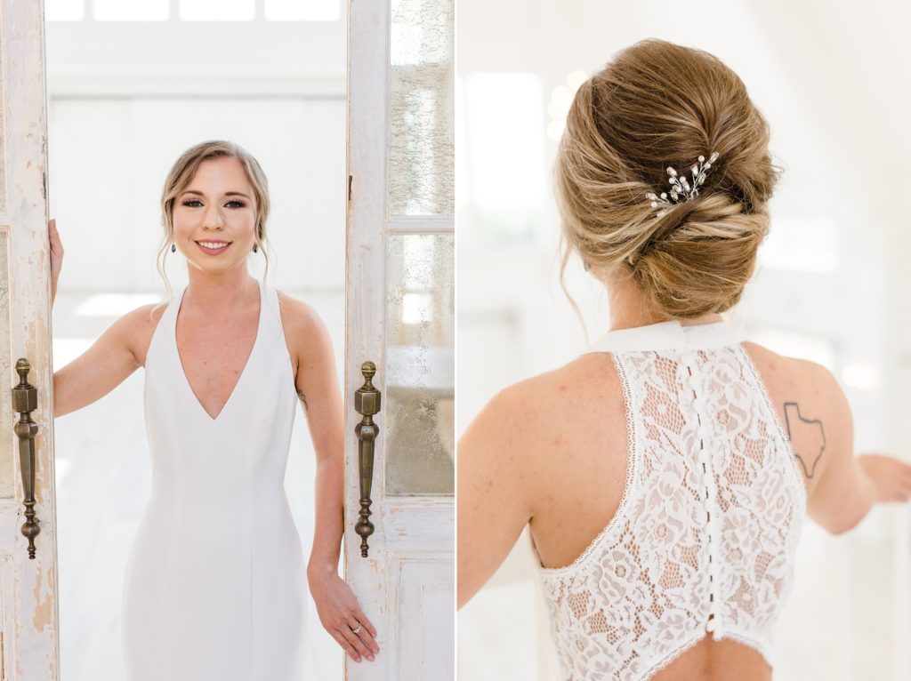 bride's elegant updo and lace back to wedding gown