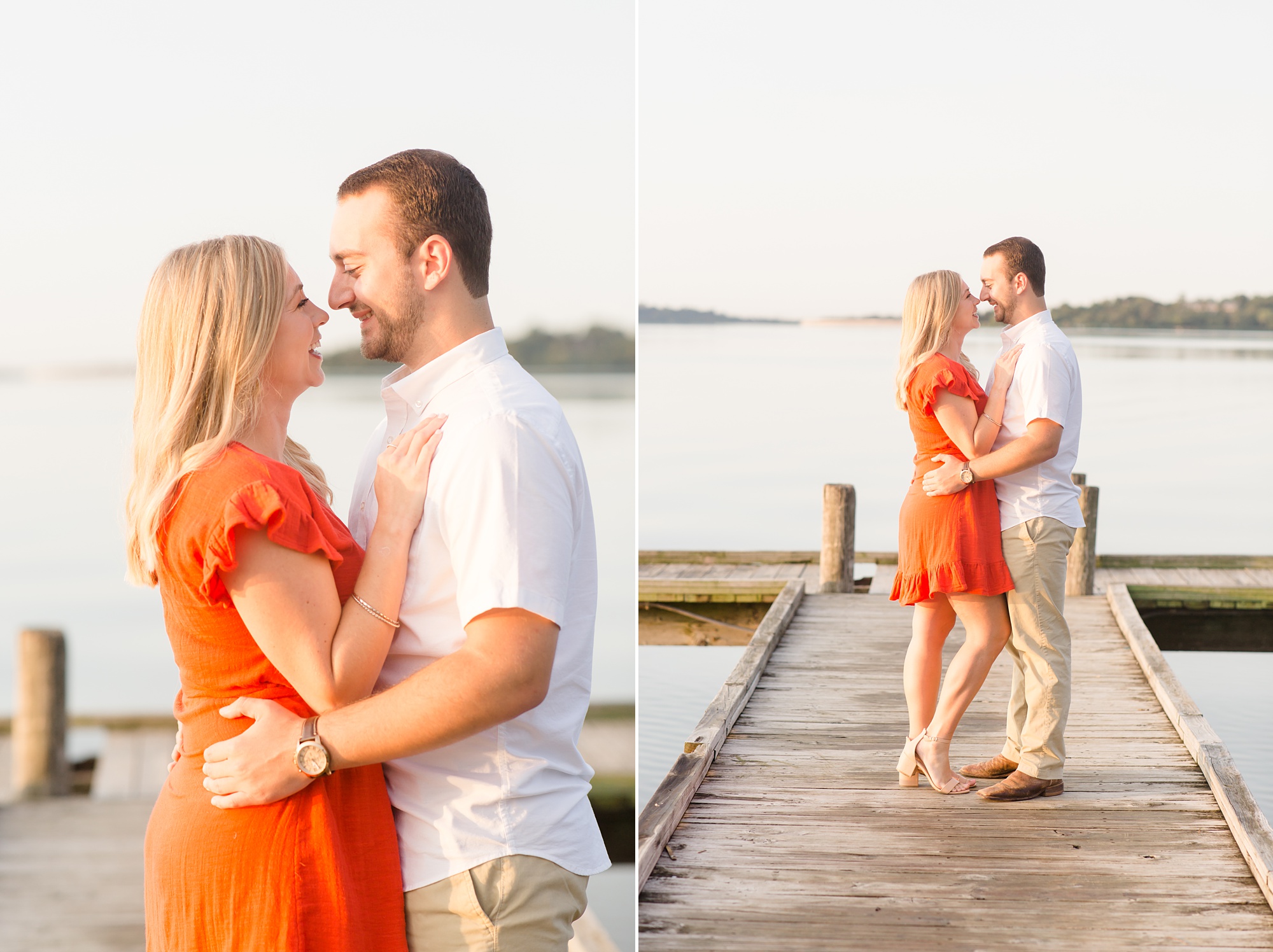 Texas engagement portraits along waterfront with couple in summer outfits
