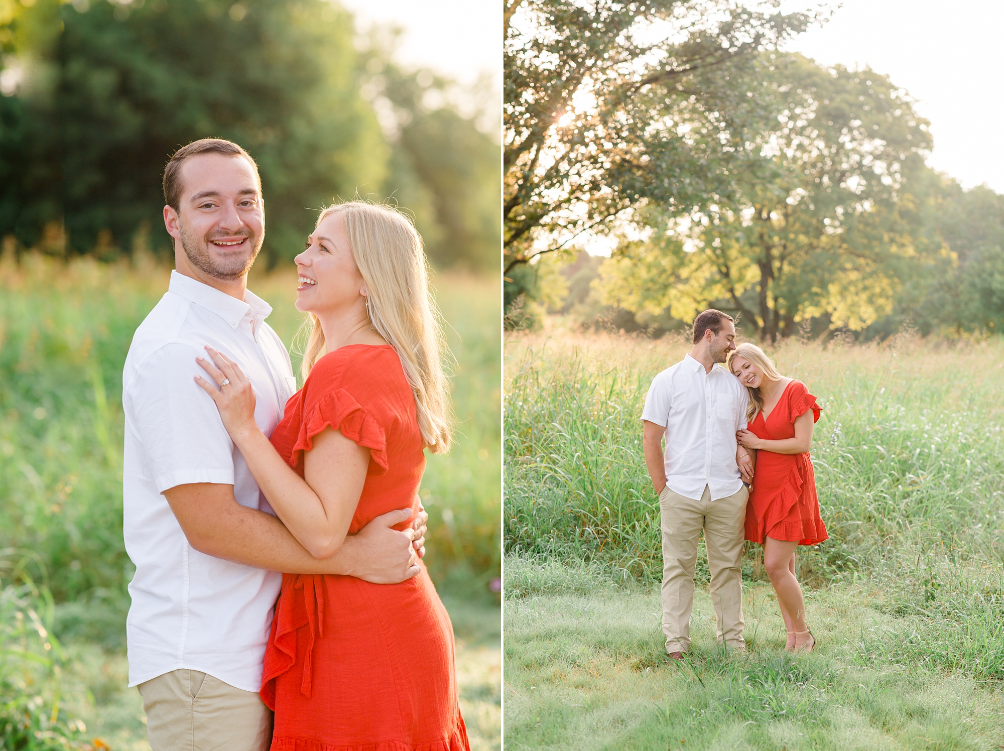 bride and groom pose in field during Texas engagement photos 