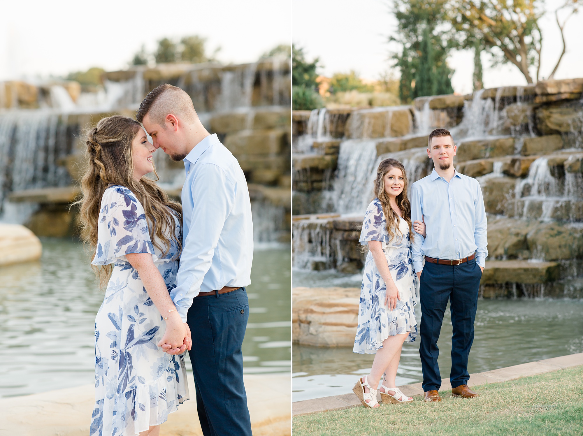 engaged couple poses by waterfall at Dallas Arboretum