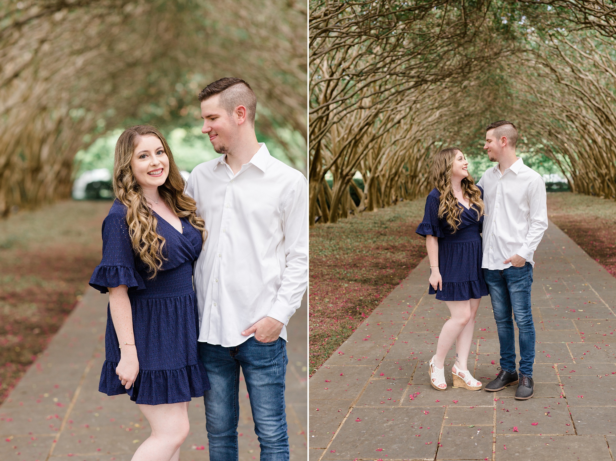 engaged couple poses under walkway at Dallas Arboretum