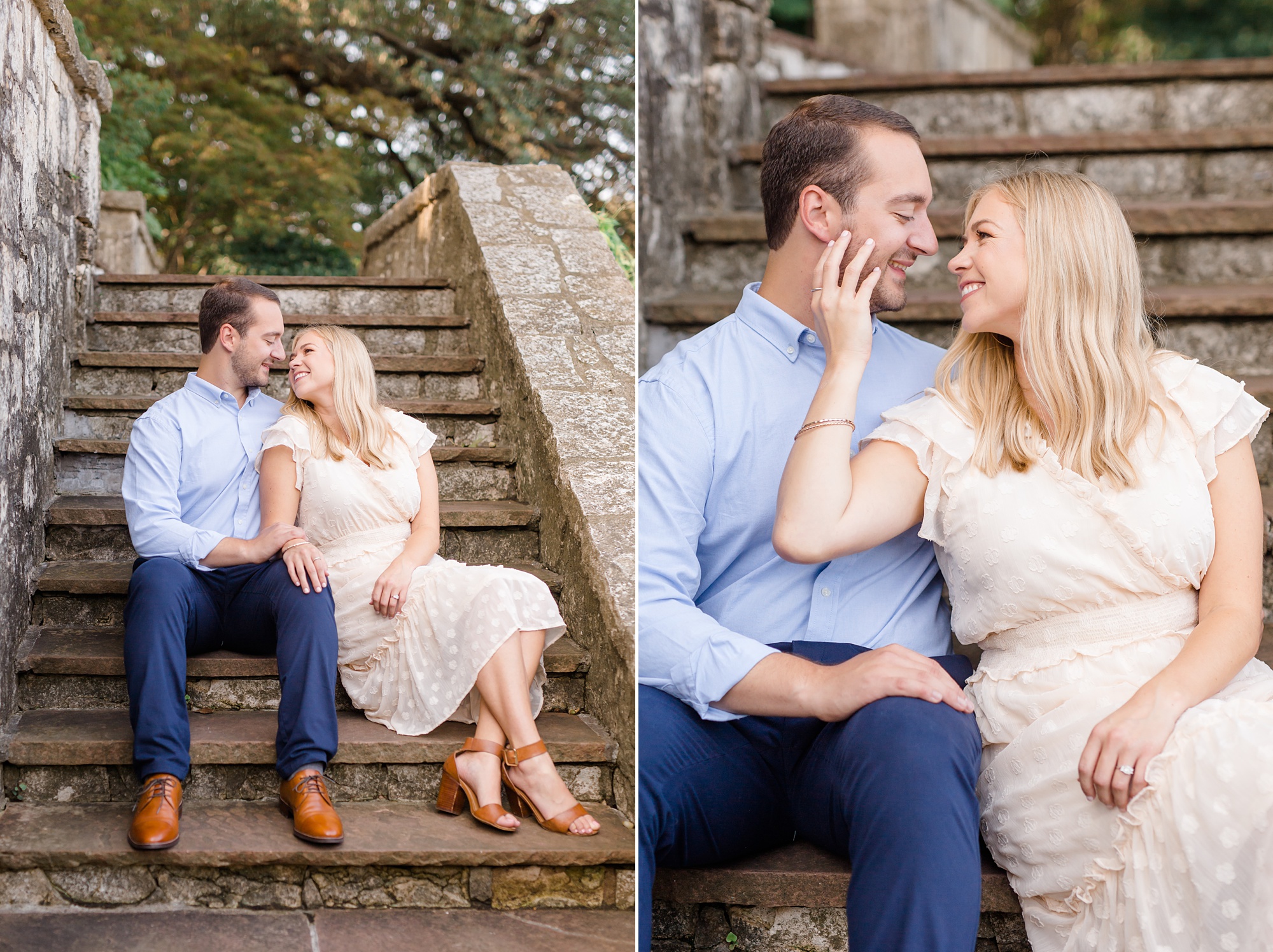 bride and groom sit on Dallas Arboretum steps