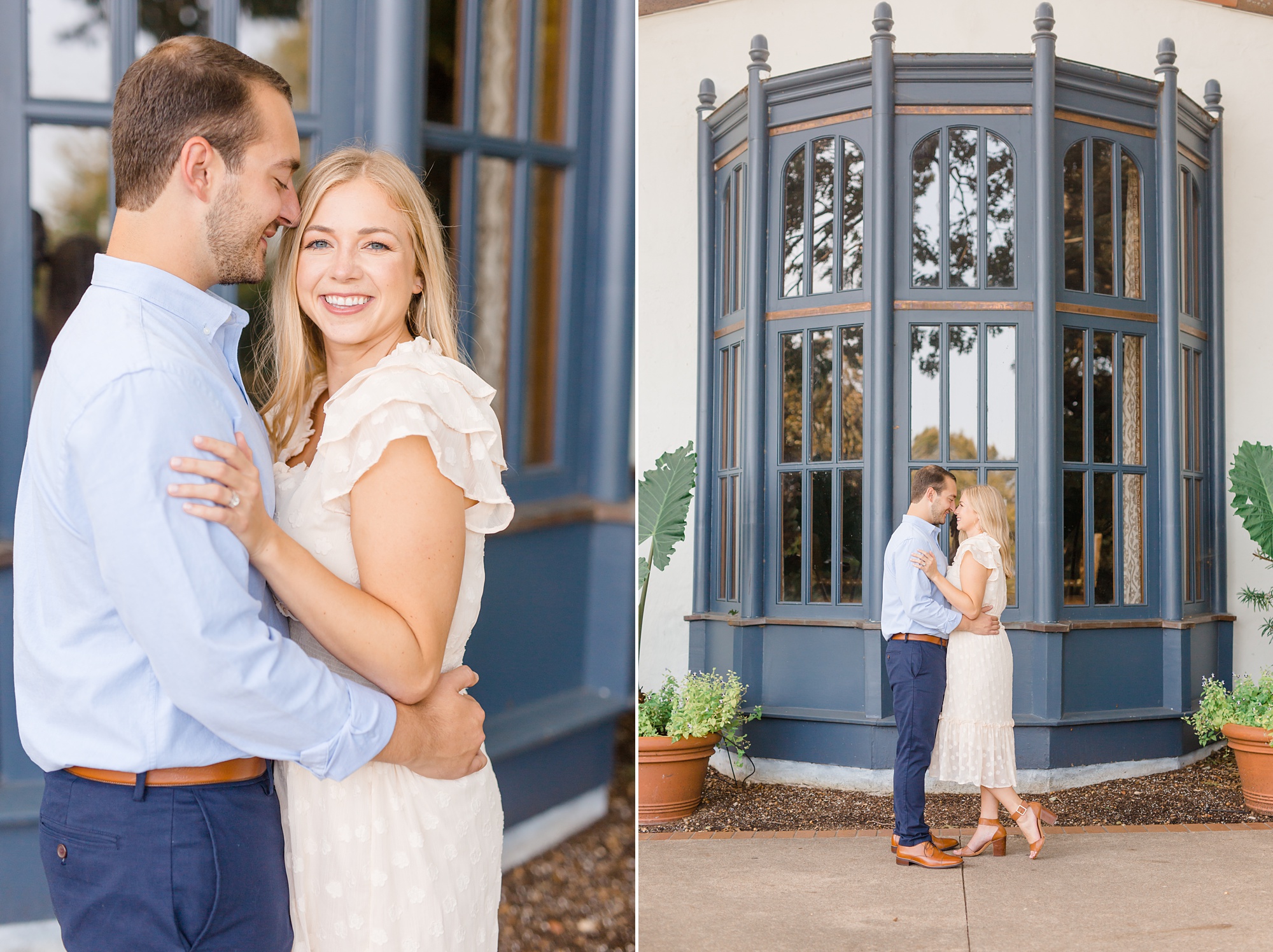 bride and groom pose by navy blue window panes