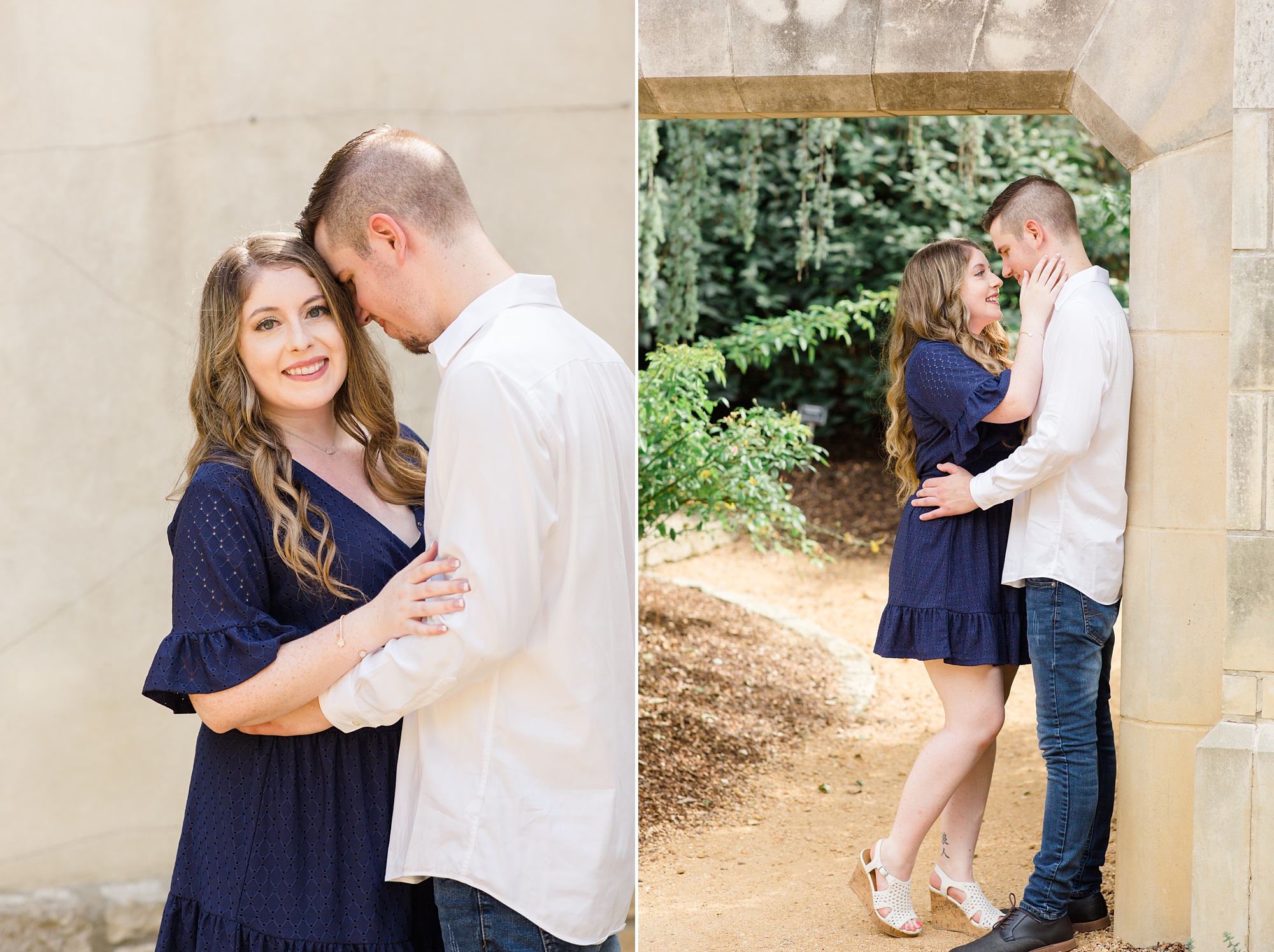 Texas engagement session with couple leaning against doorway