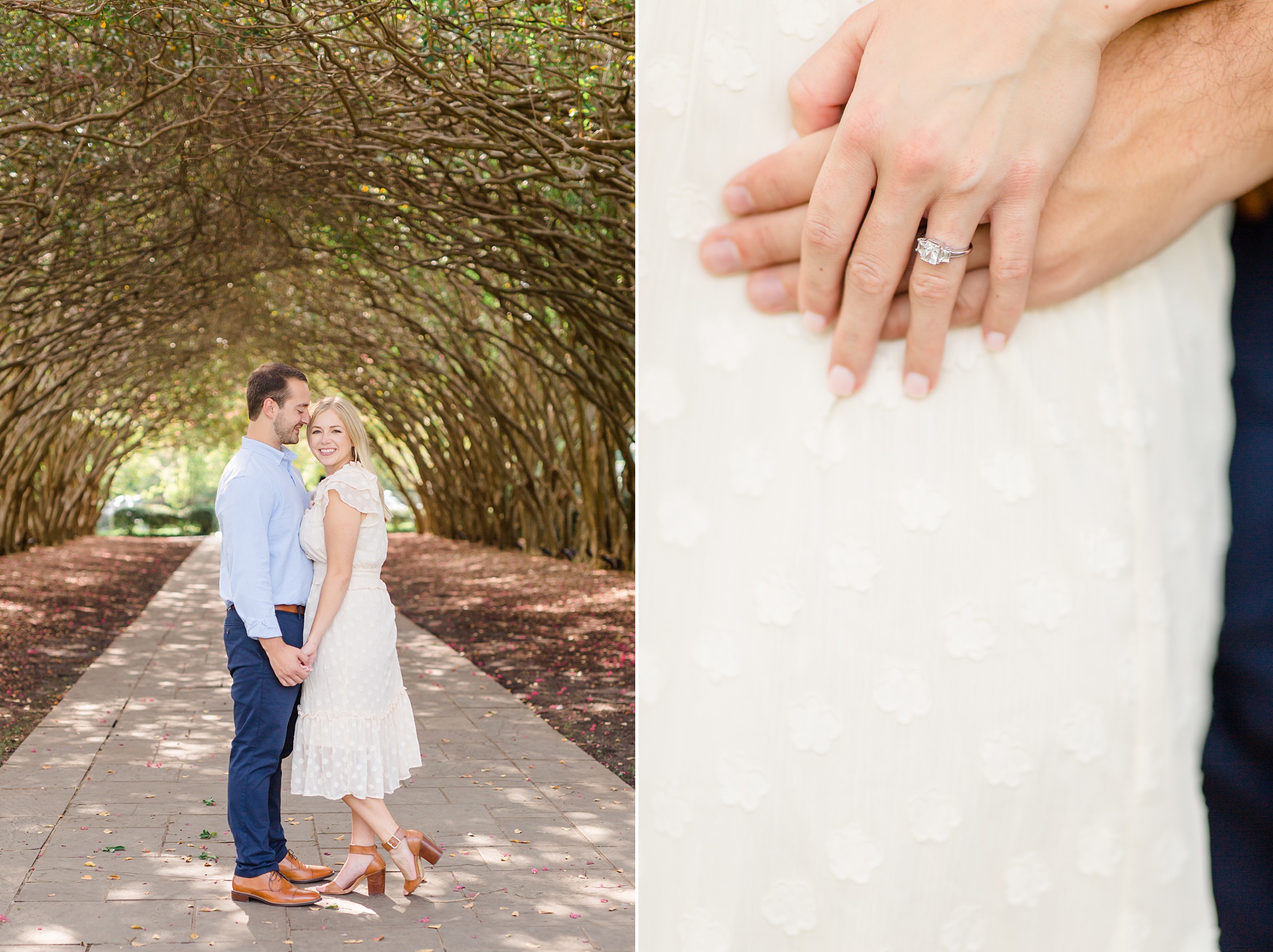bride shows off engagement ring at Dallas Arboretum