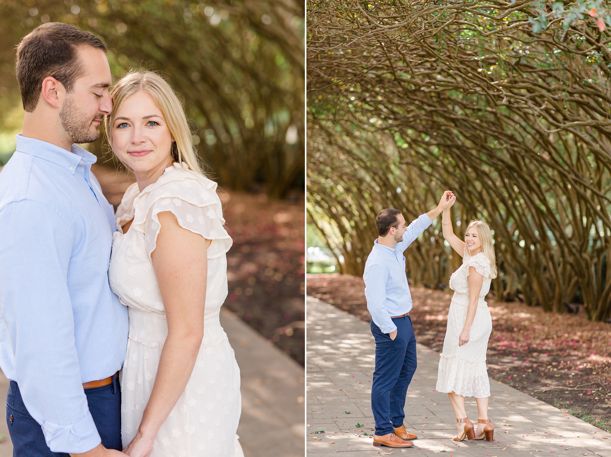 groom twirls bride during Dallas Arboretum engagement photos