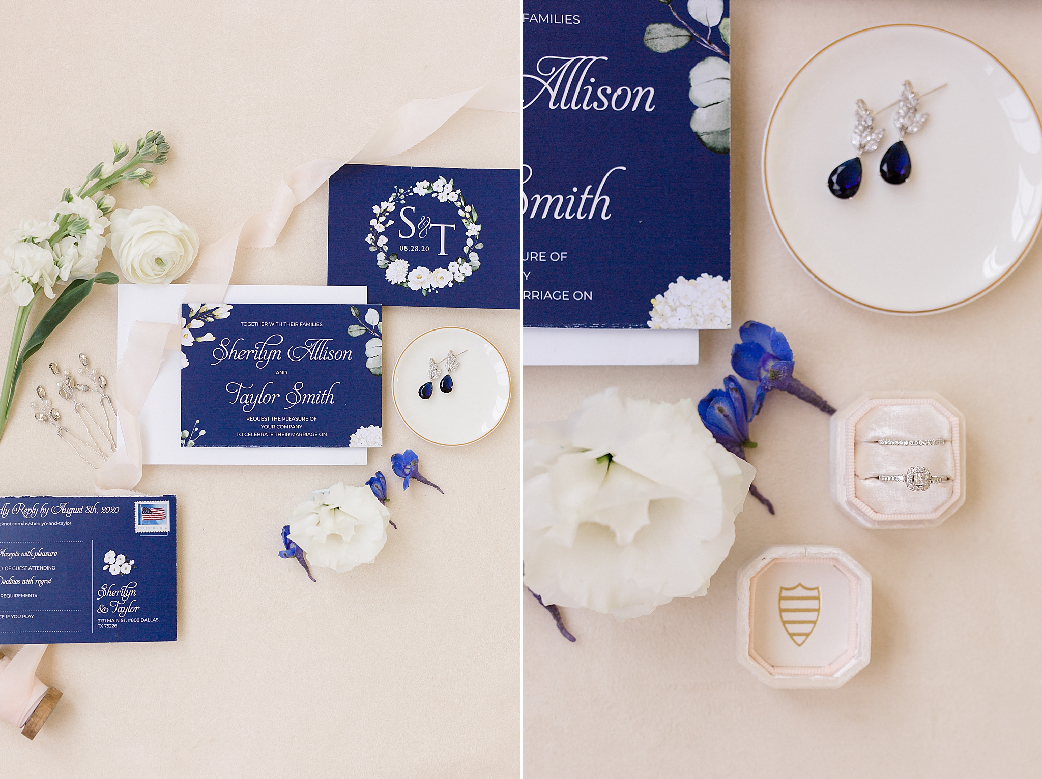 summer wedding invitation suite with navy and white details