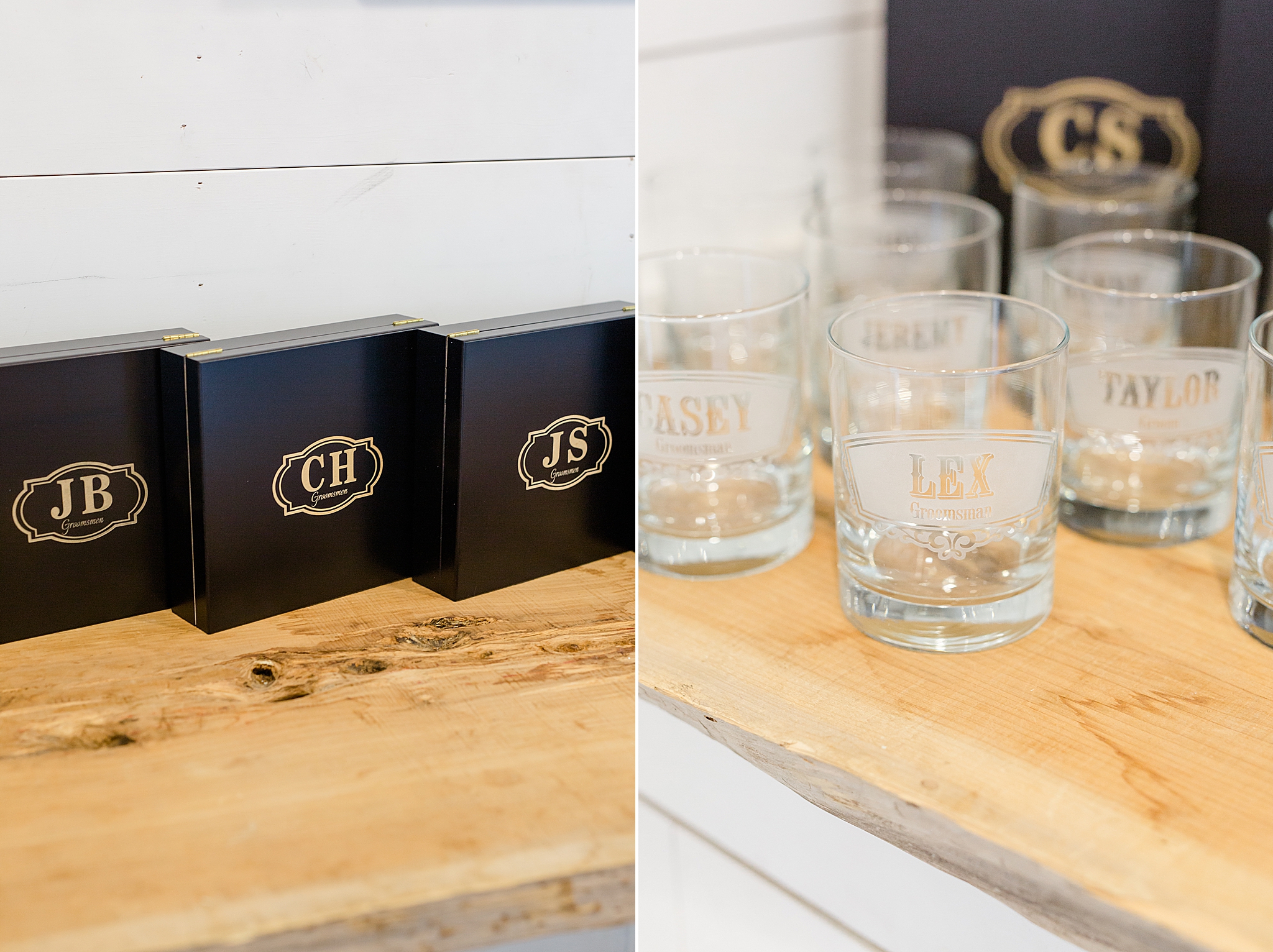 groom's gifts and etched glasses