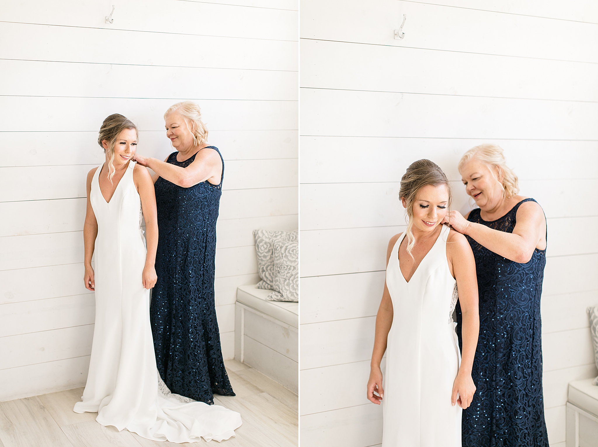 mom helps bride with dress on wedding morning