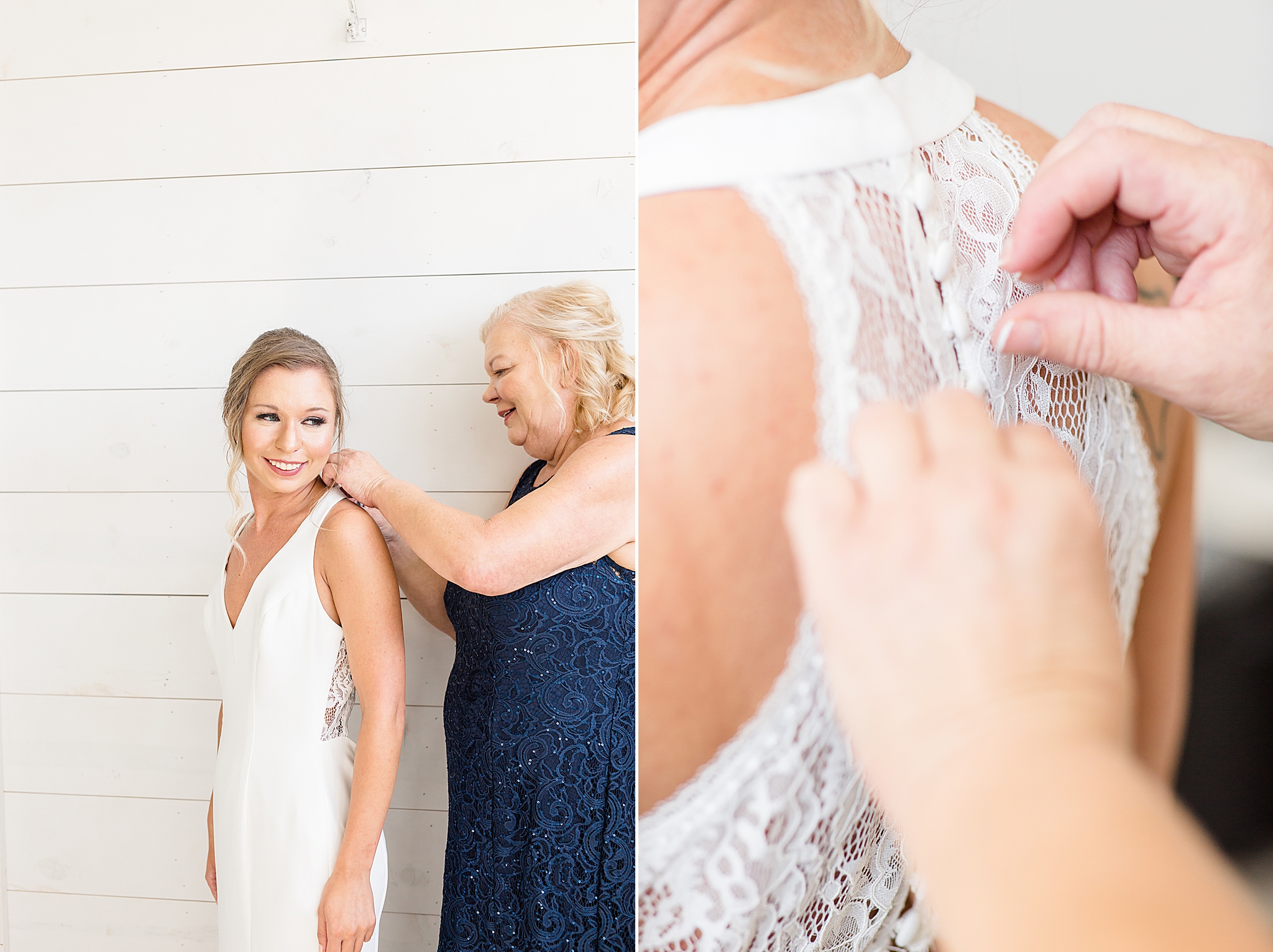 mom of the bride helps with lace back of dress