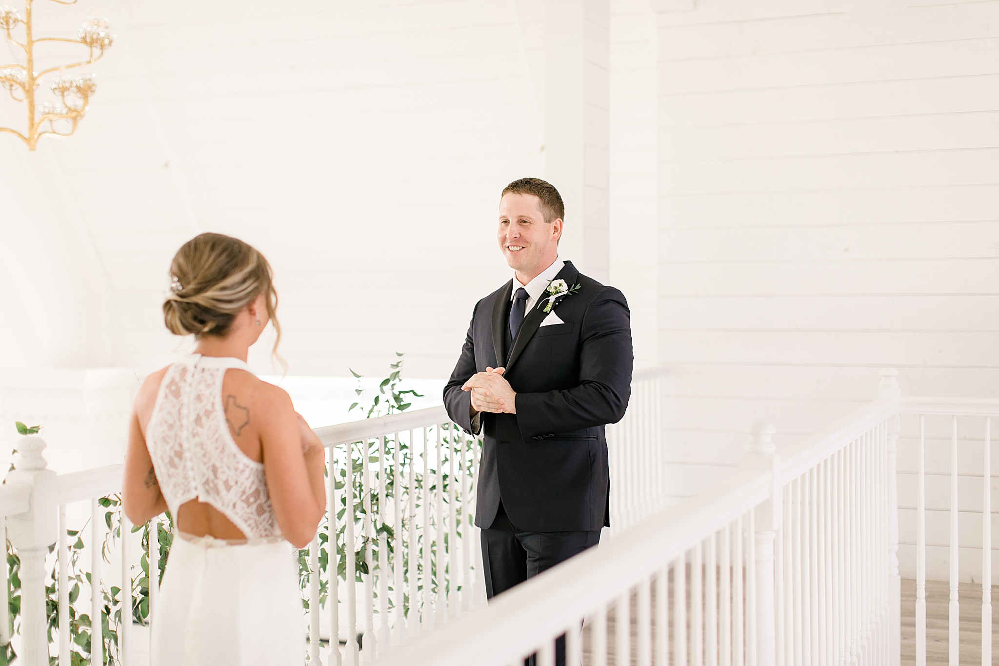 groom sees bride during first look at The Nest at Ruth Farms