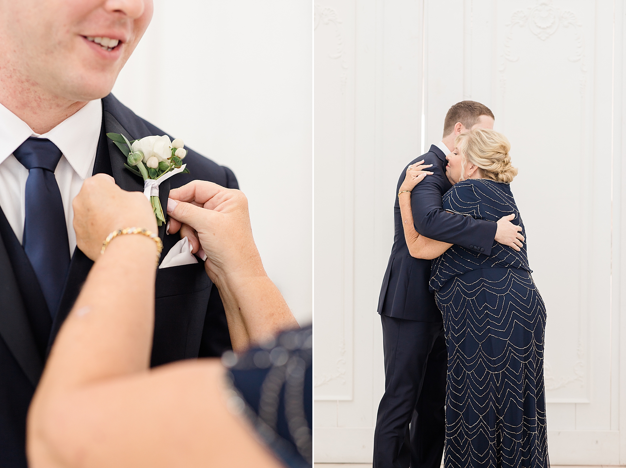 groom's mother puts boutonnière on him 