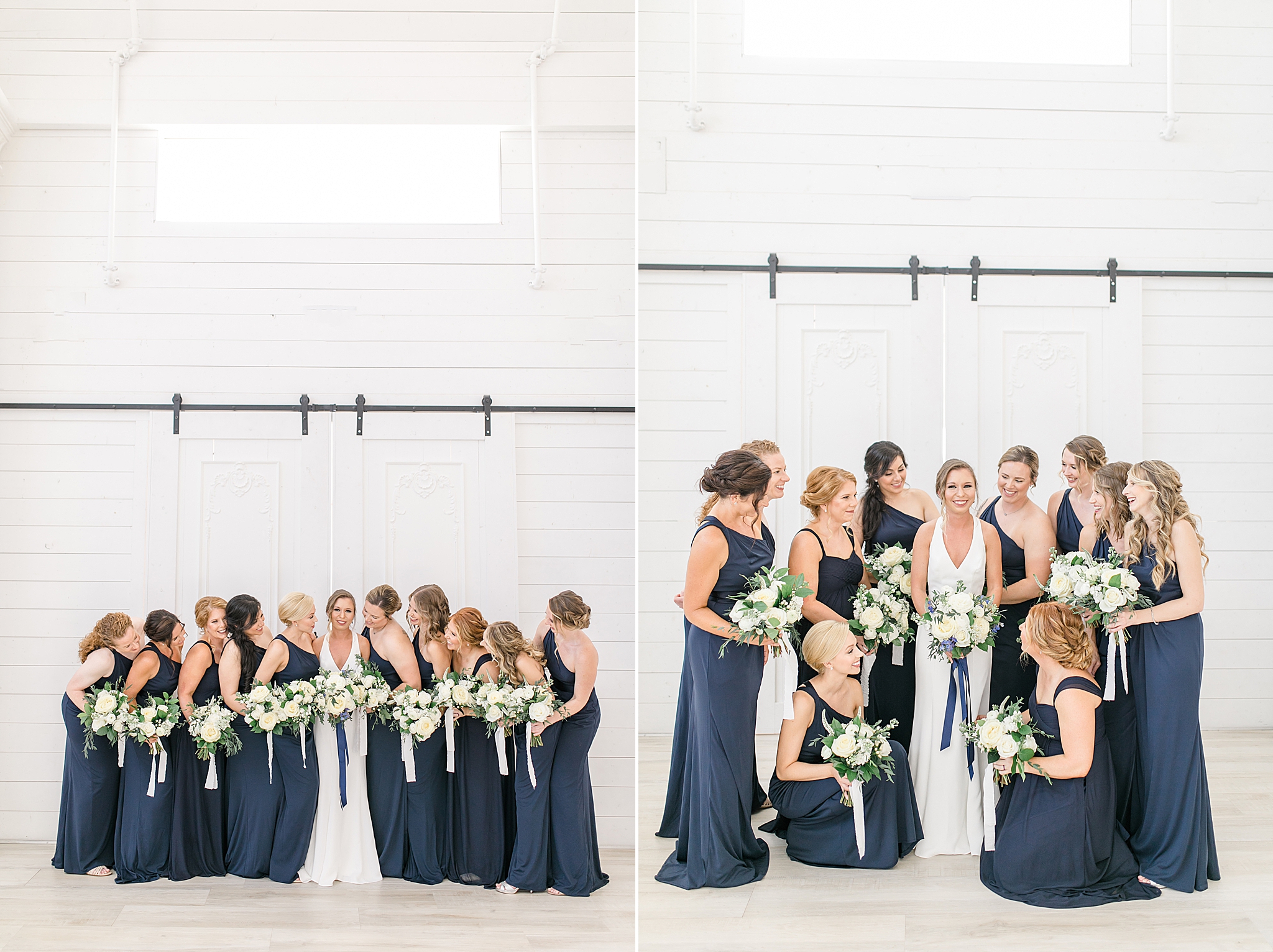 bridesmaids in navy blue gowns pose at The Nest at Ruth Farms