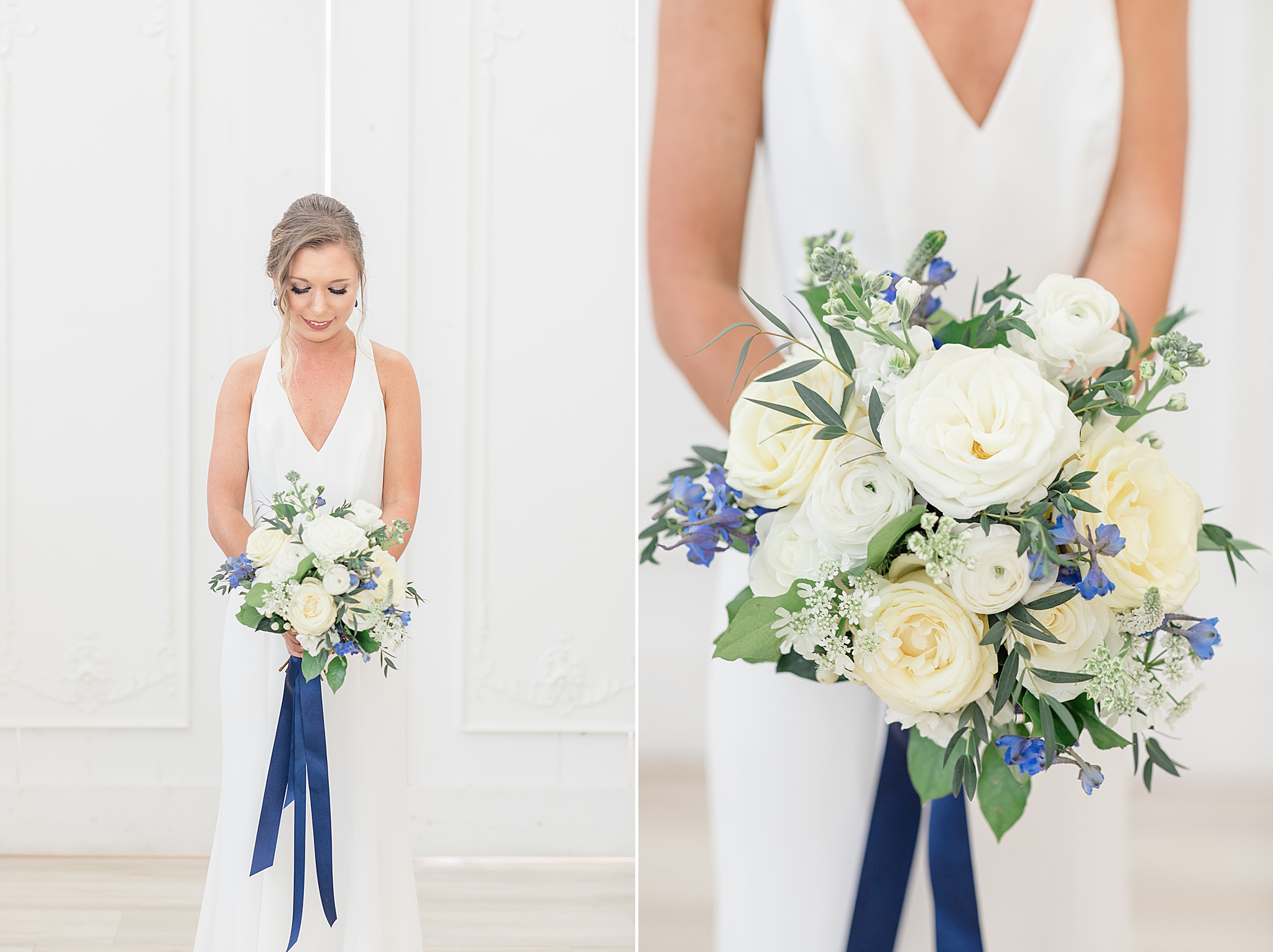 bride holds bouquet with ivory roses and hanging blue ribbon